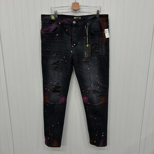 NWT GS-115 Men's 38x32 Blue Denim Stretch Tapered Leg Moto Jeans Paint Splatter